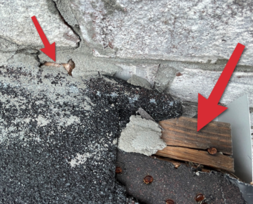 Exposed wood and roofing nails on new home roof causing potential leaks